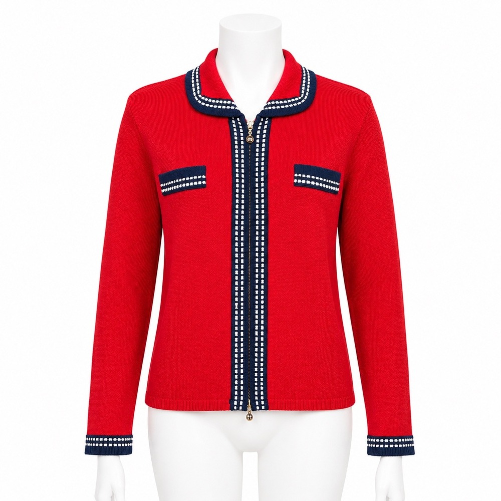Dylani Knitwear Full Zip Cardigan Size Small Red Navy White Trim Elegant Vintage